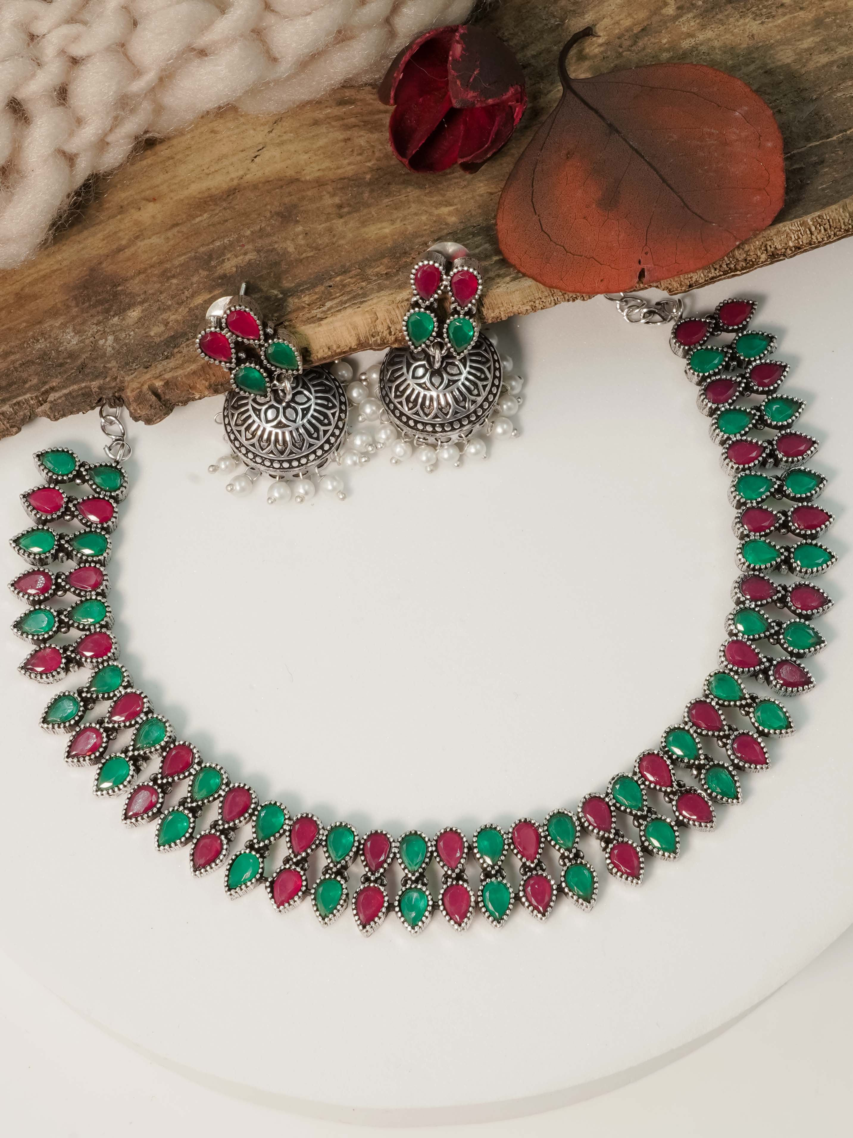 Two Line Classy Oxidised Necklace Set with different colour stones Options 11942N