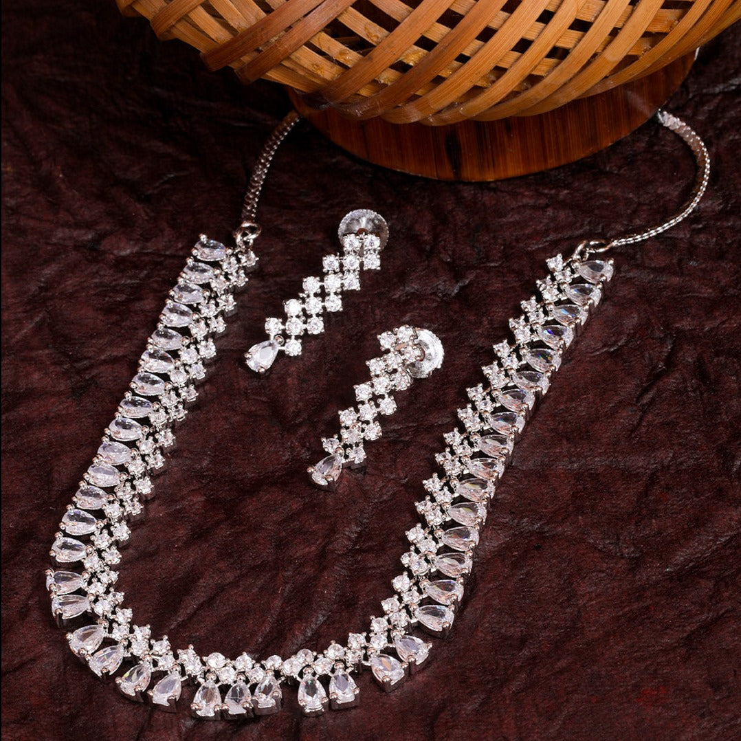 White Gold finish short white cz stone necklace set 8817N