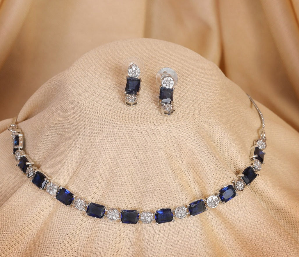White Gold finish with white and blue stones Short AD necklace set 9033N