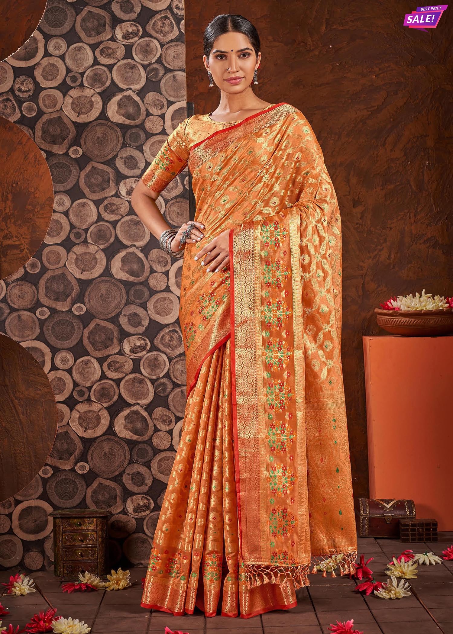Woven Banarasi Silk Blend Saree (Orange)