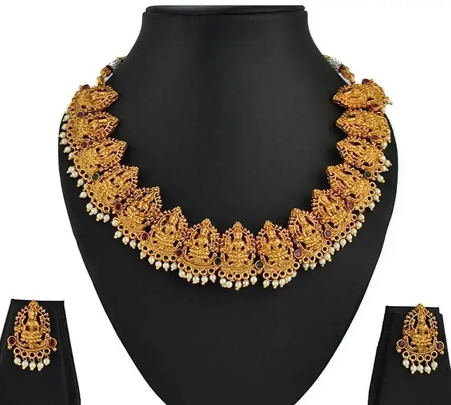 one gram gold Antique polish copper base metal Gold look alike evergreen classical collection design necklace set jan18011